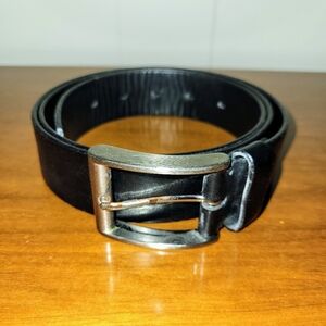 Men's black leather belt. Size 38. Saks Fifth Avenue. Silver buckle. Made in USA